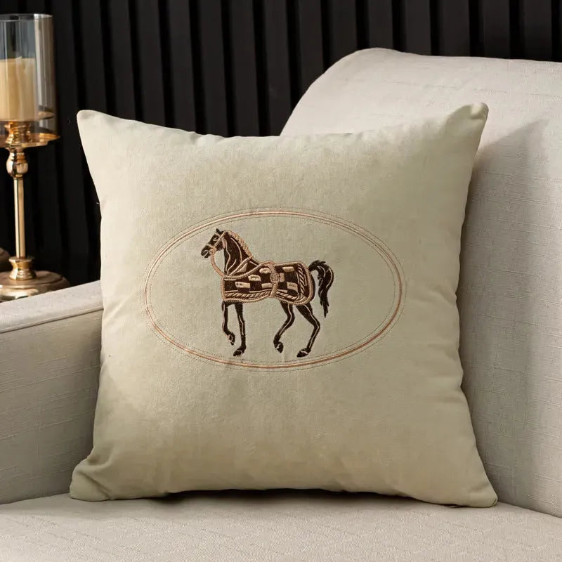 Hand-Embroidered Cushion Cover with Horse Pattern - Bellarte Enchanté Hand-Embroidered Cushion Cover with Horse Pattern